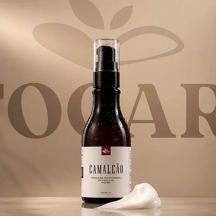 Frasco do hidratante Camaleão diante de uma parede com a marca Tocari em relevo