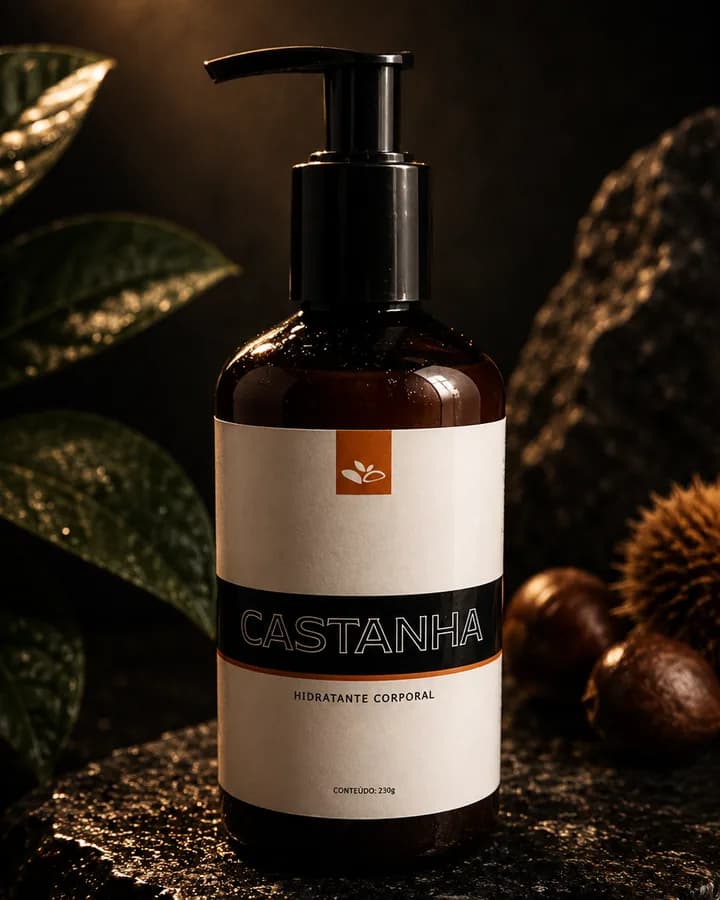 Frasco do hidratante corporal Castanha sobre pedra escura, ao lado de castanhas