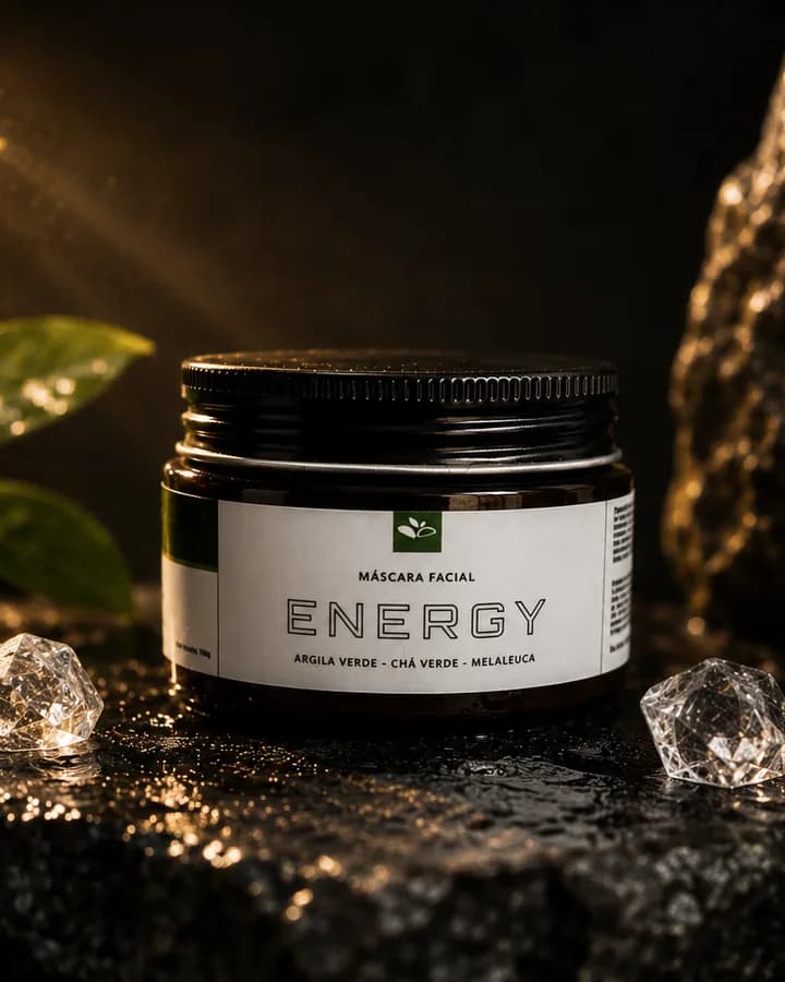 Pote da Máscara Facial Energy sobre pedra escura, entre cristais de quartzo